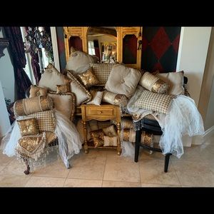 Custom made gold pillows and beaded throws
